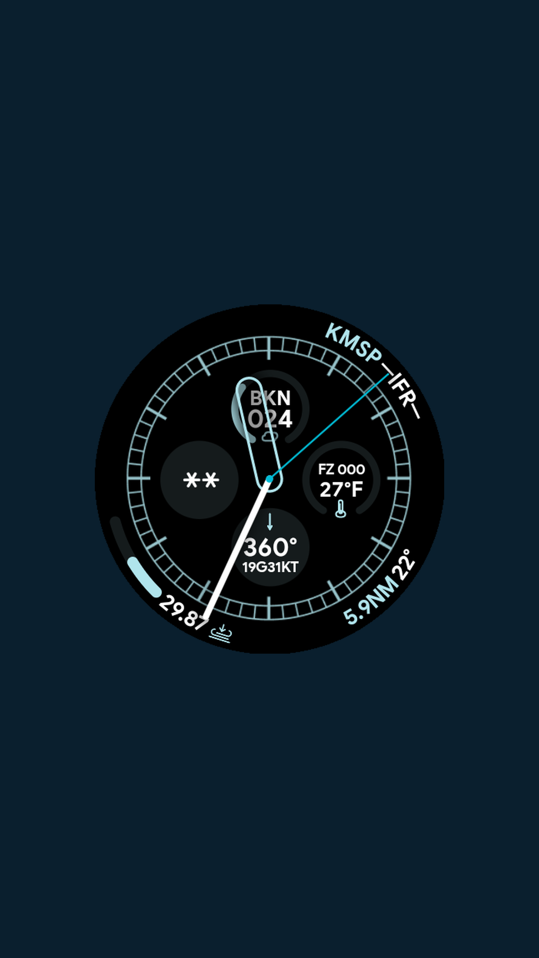 Analog watch face displaying nearest airport ICAO with distance and bearing