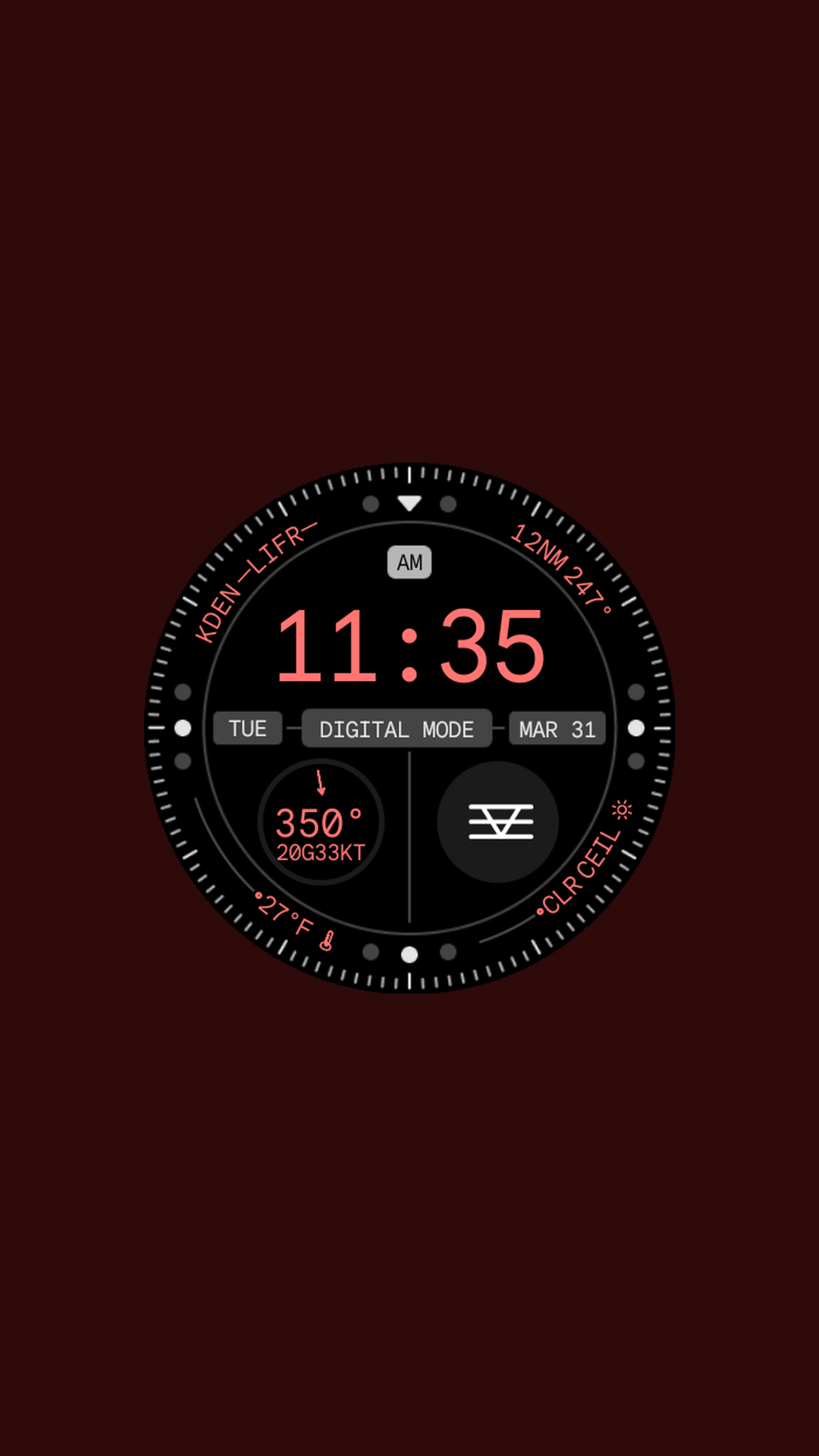 Digital watch face showing a pinned airport ICAO in low-IFR conditions