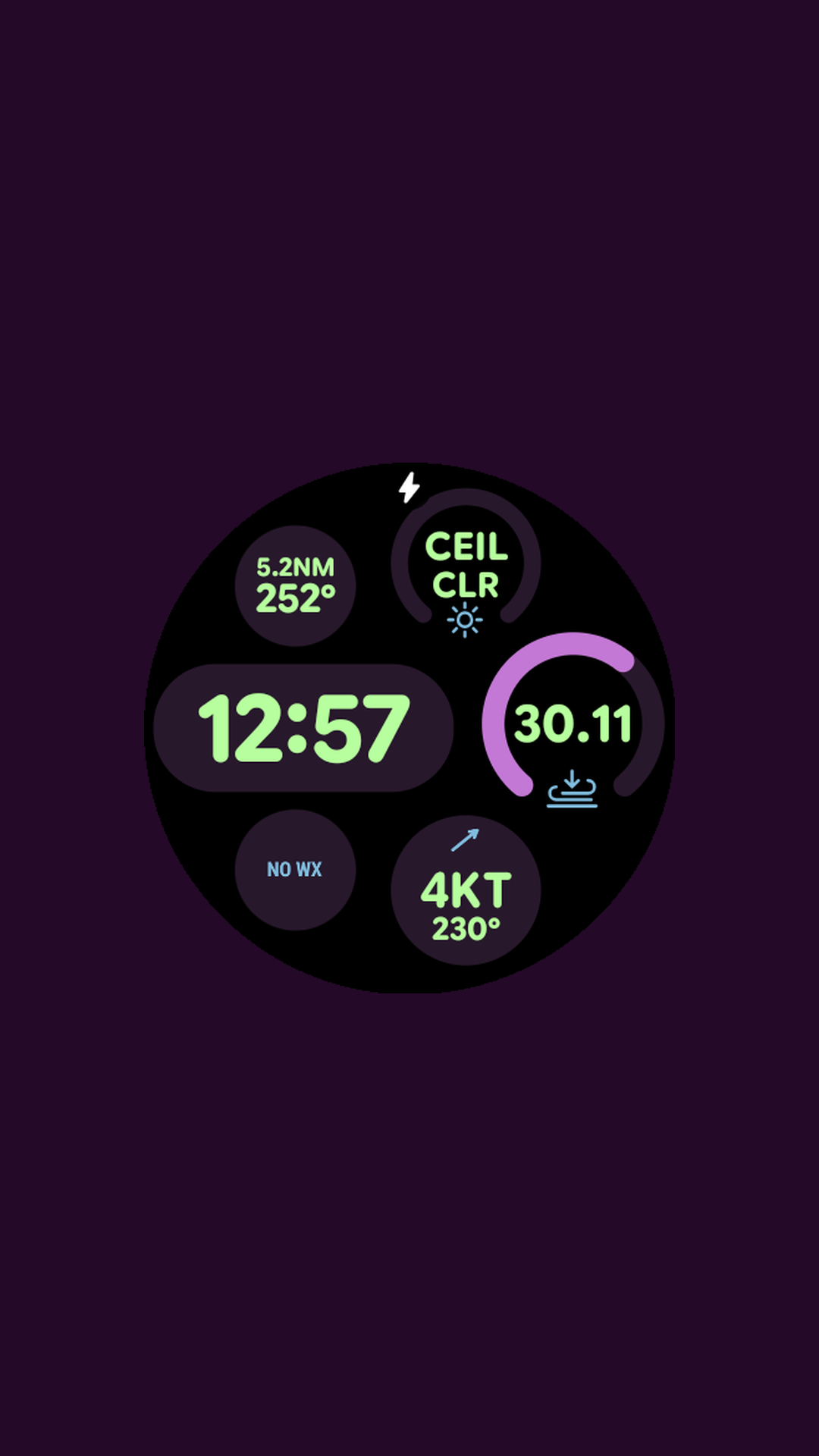 Watch face with six aviation complications: ceiling, distance, altimeter, wind, time, and weather status